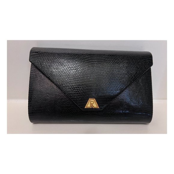 ALEXANDRE REZA Rare Vintage Black Lizard Clutch With Solid 18K Gold Logo - Picture 2 of 5